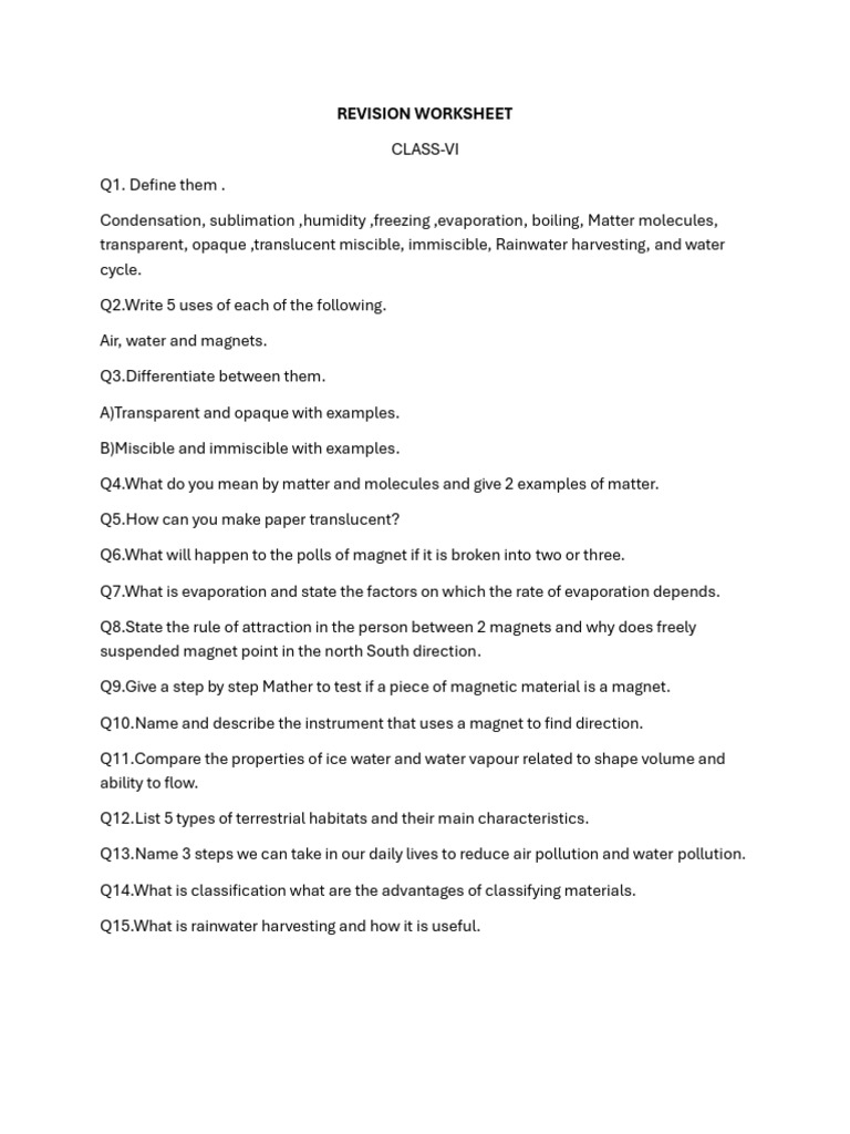 Class VI Science Revision Worksheet | PDF