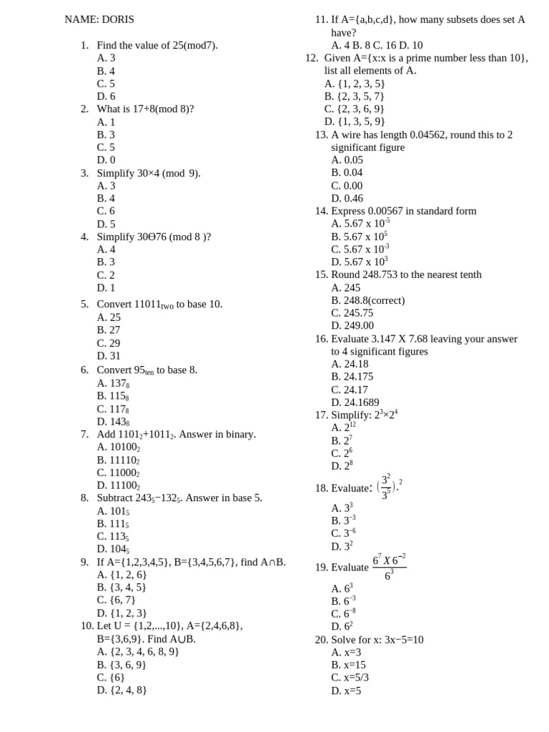 Modular Arithmetic and Set Theory Problems | PDF | Mathematics | Chess ...