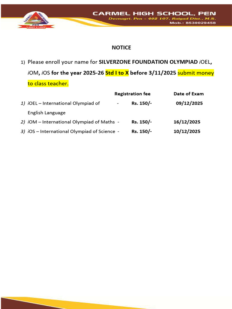 38 Silverzone Foundation Olympiad Exam Notice - 1913 | PDF