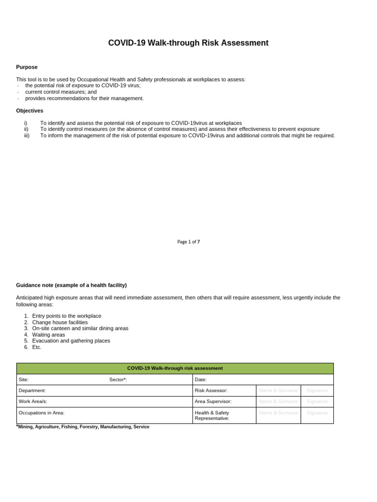 COVID 19 Walk Through Risk Assessment | PDF | Personal Protective ...