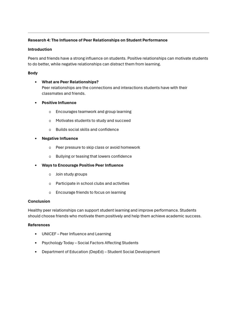 The Influence of Peer Relationships On Student Performance | PDF