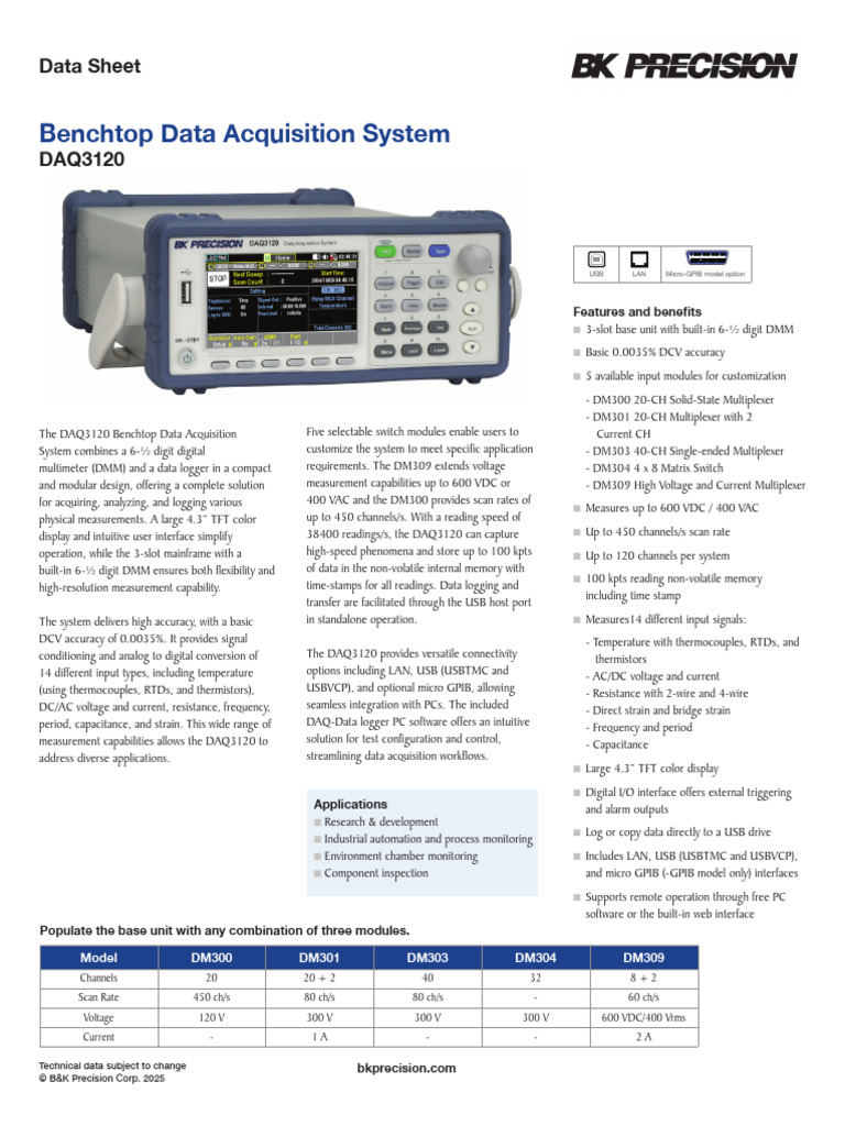 Benchtop Data Acquisition System - BK Precision - DAQ3120 - Datasheet ...