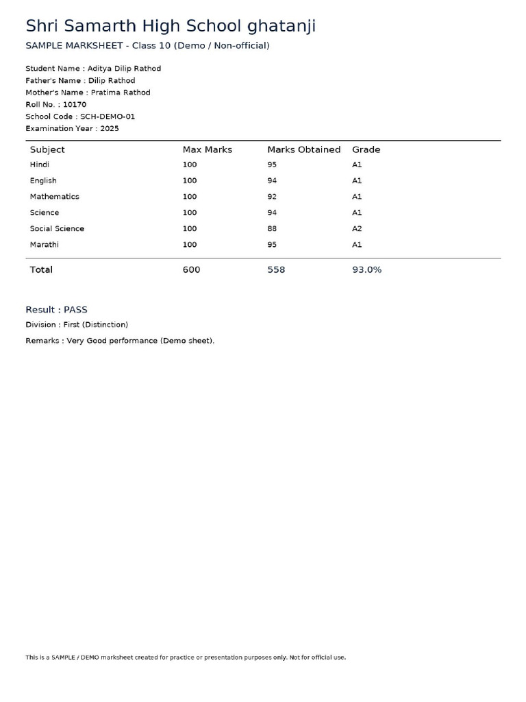 Aditya Marksheet 93 Final | PDF