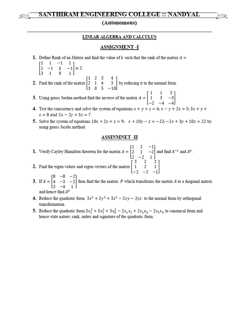 Linear Algebra and Calculus Assignment | PDF