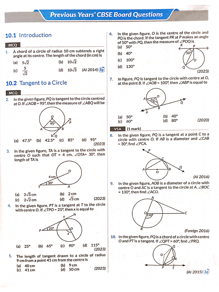 10th - Circles - Previous Year Questions PDF | PDF