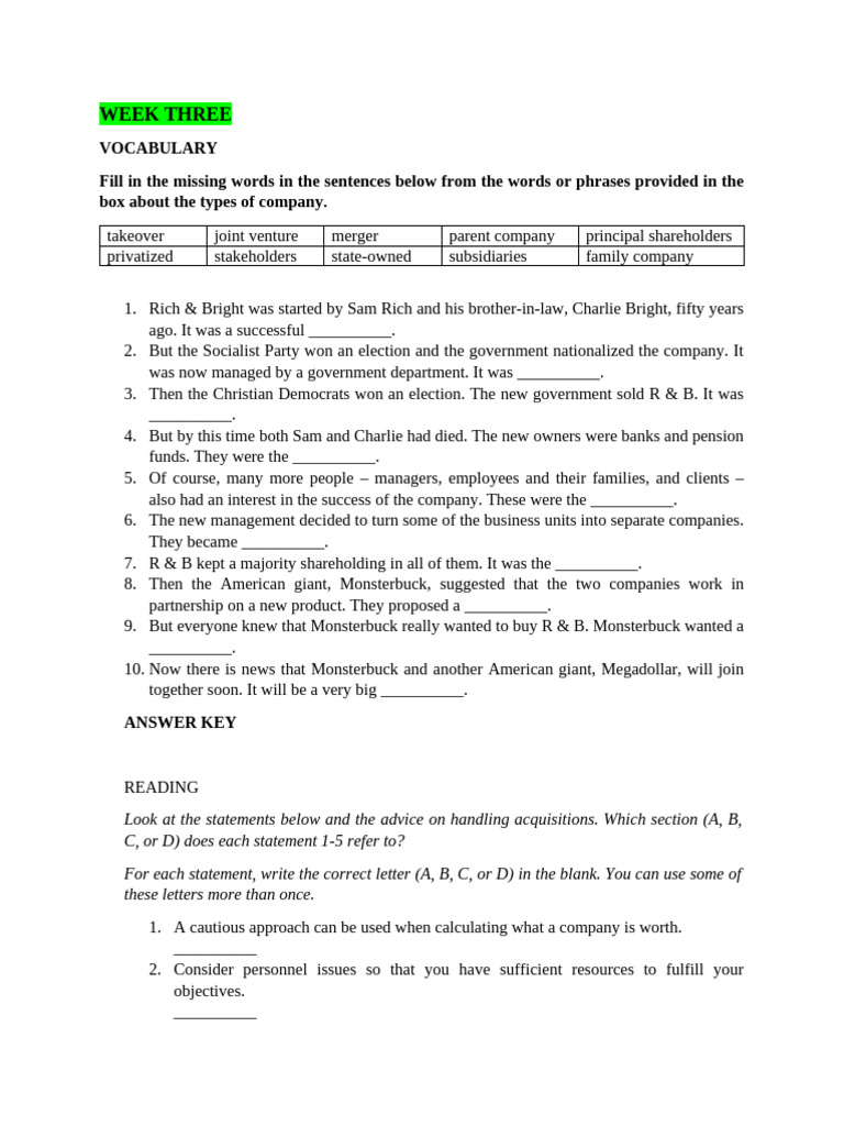 Vocabulary and Strategies for Mergers | PDF | Mergers And Acquisitions ...