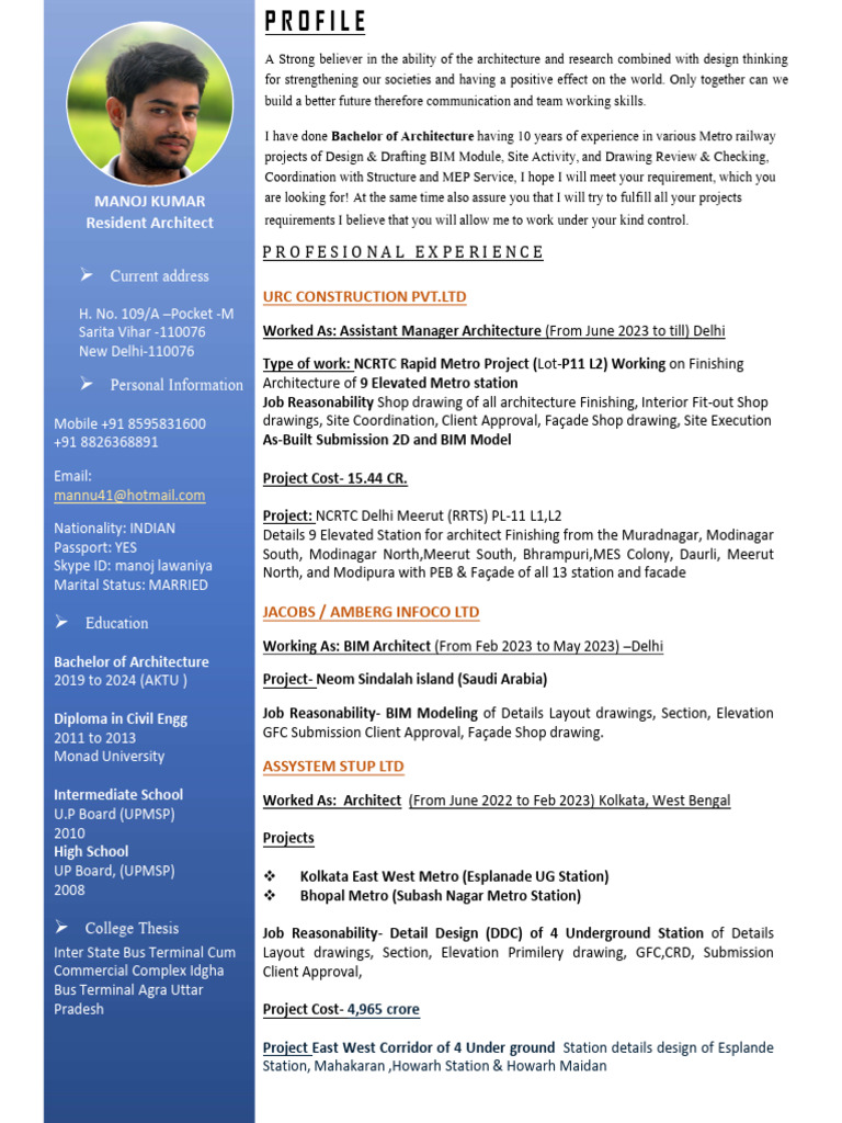 Experienced BIM Architect Profile | PDF