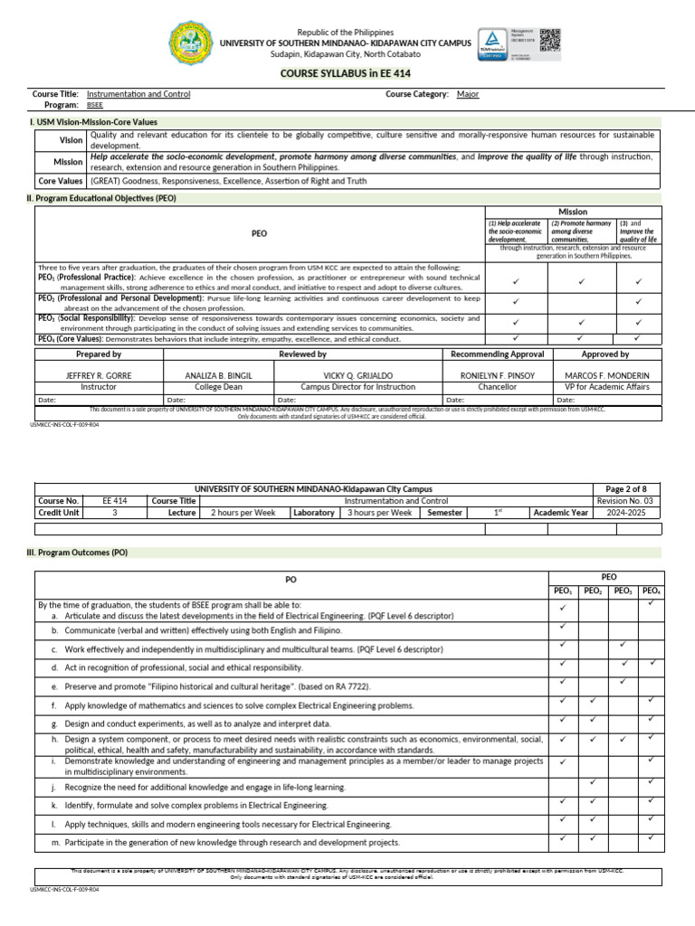 EE 414 Instrumentation and Control Syllabus | PDF | Instrumentation ...