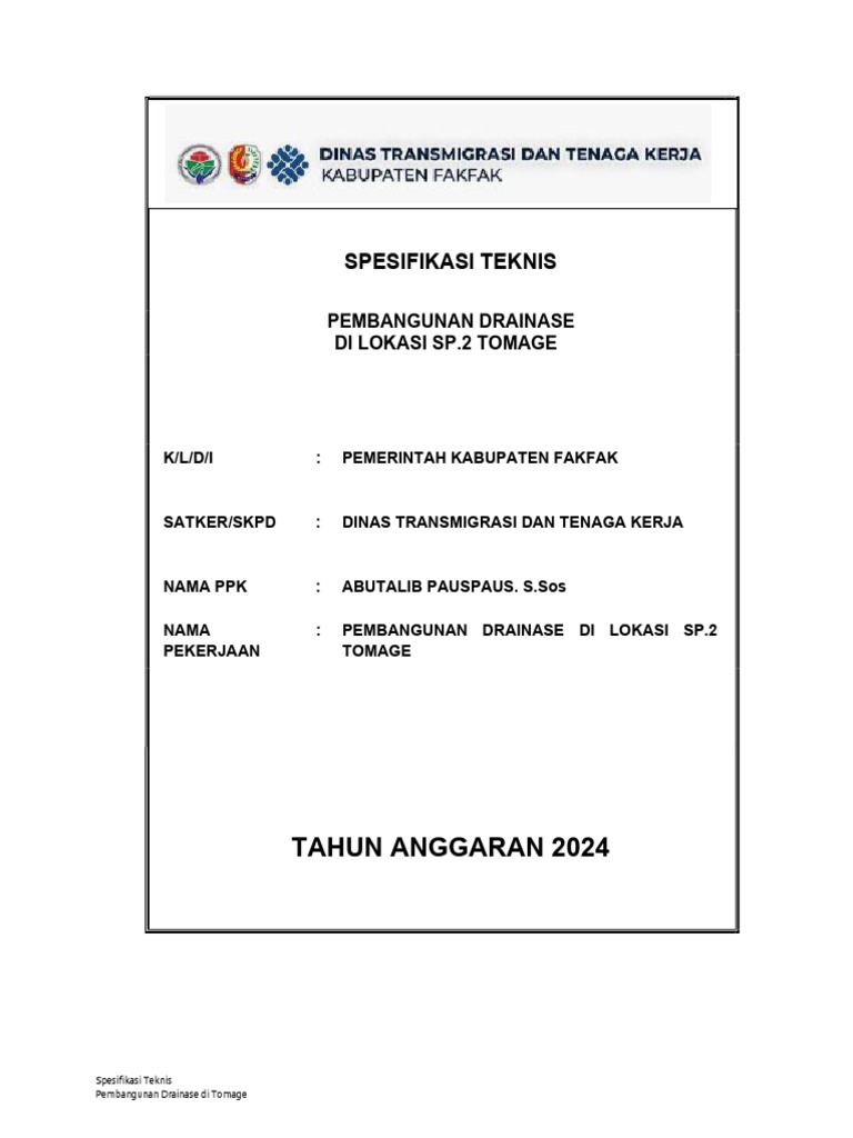 Spesifikasi Drainase SP.2 Tomage 2024 | PDF
