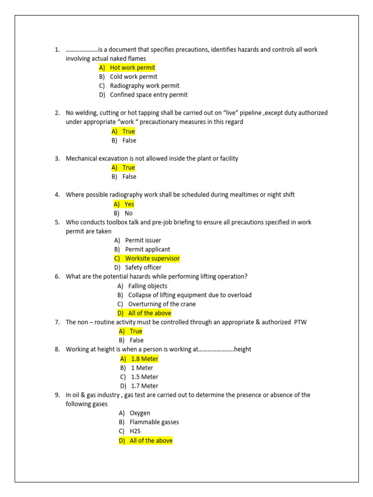 PTW Exam Questions and Guidelines | PDF | Occupational Safety And ...