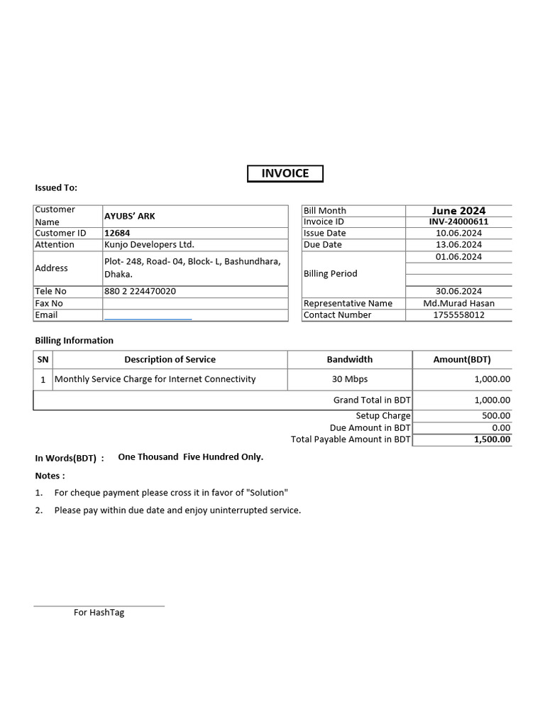 Invoice for Internet Service - June 2024 | PDF