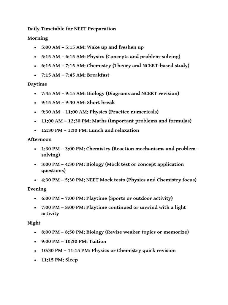 NEET Daily Study Timetable Guide | PDF