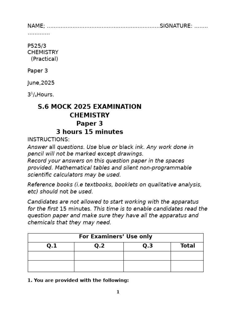 Chemistry Practical Mock Exam 2025 | PDF | Titration | Chemistry