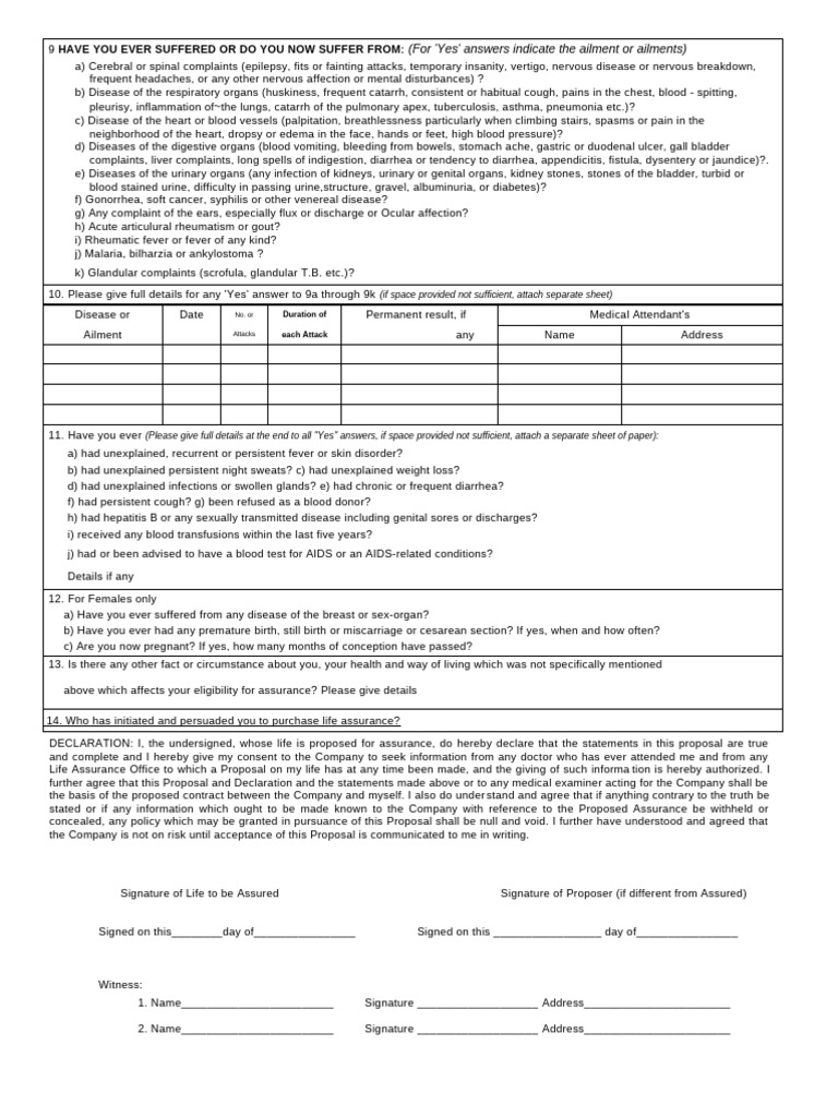 Life Assurance Health Questionnaire | PDF | Edema | Hiv/Aids