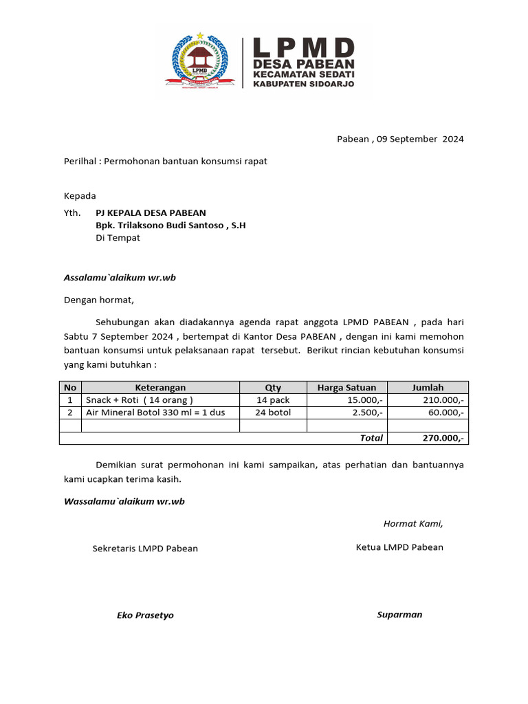Permohonan Konsumsi Rapat LPMD Pabean | PDF