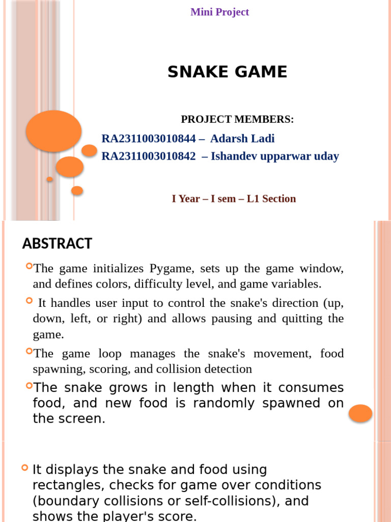 Snake Game: RA2311003010844 - Adarsh Ladi RA2311003010842 - Ishandev ...