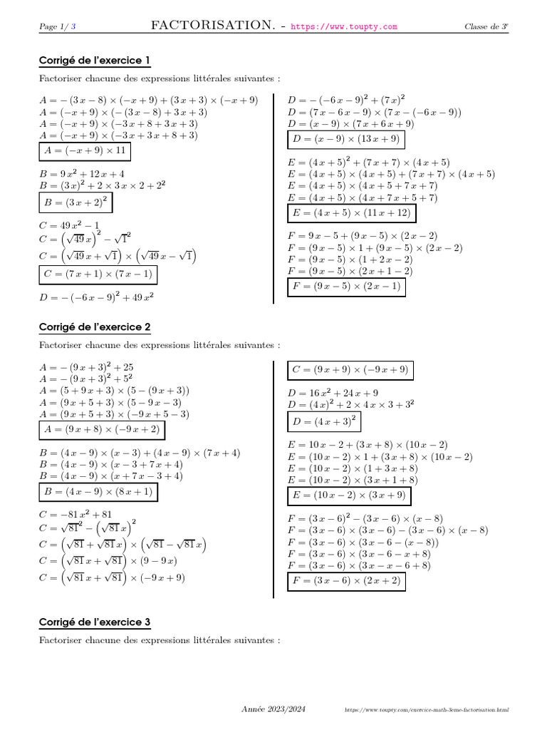 Exercice Factorisation 3eme 1 Corrige | PDF