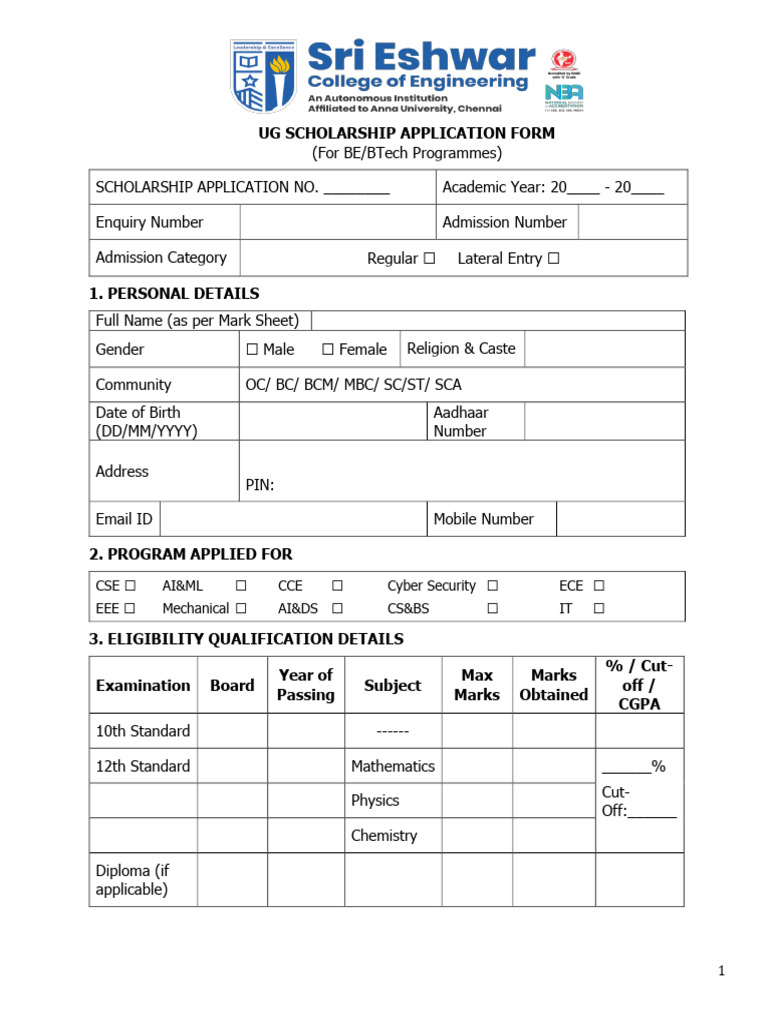 UG Scholarship Application Form | PDF