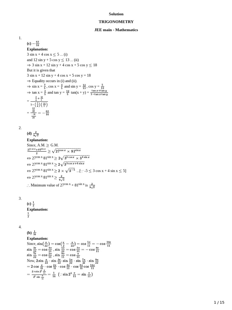 Trigonometry Solutions for JEE Main | PDF | Trigonometric Functions ...