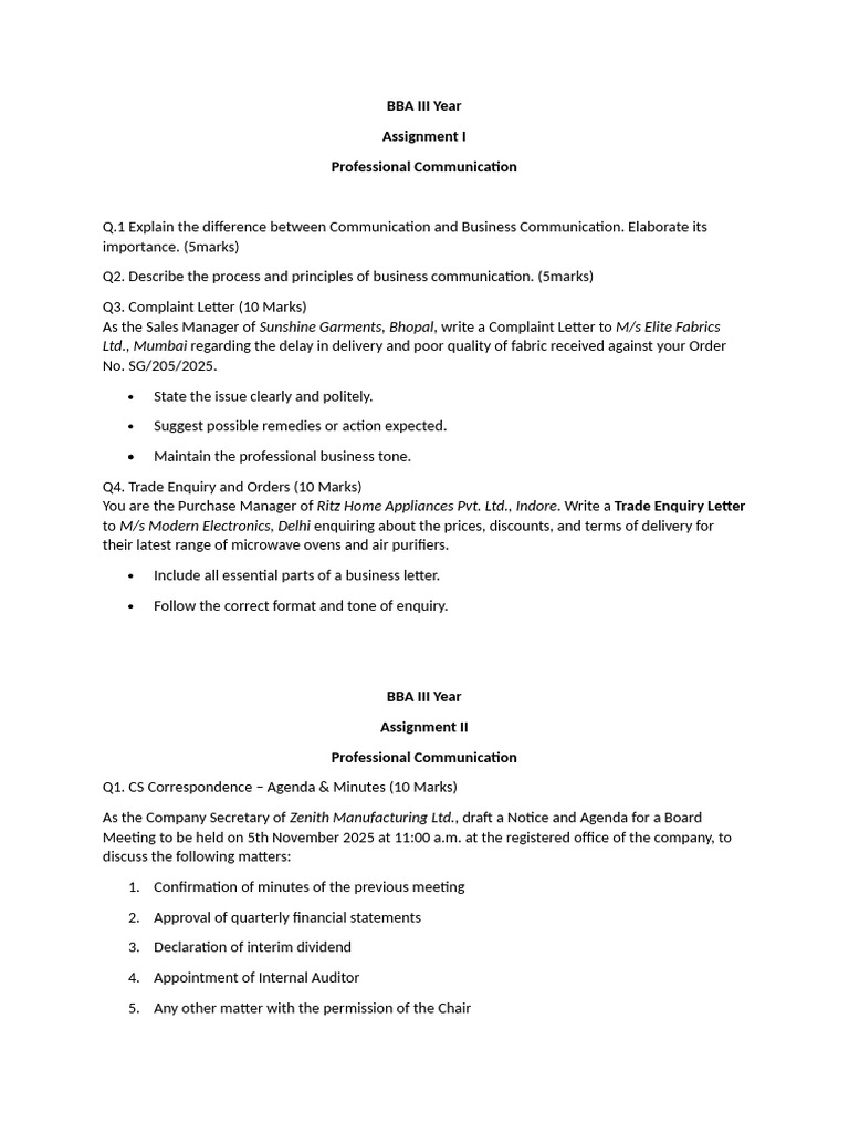 Prof Comm - Assignmt 1& 2 - BBA III | PDF