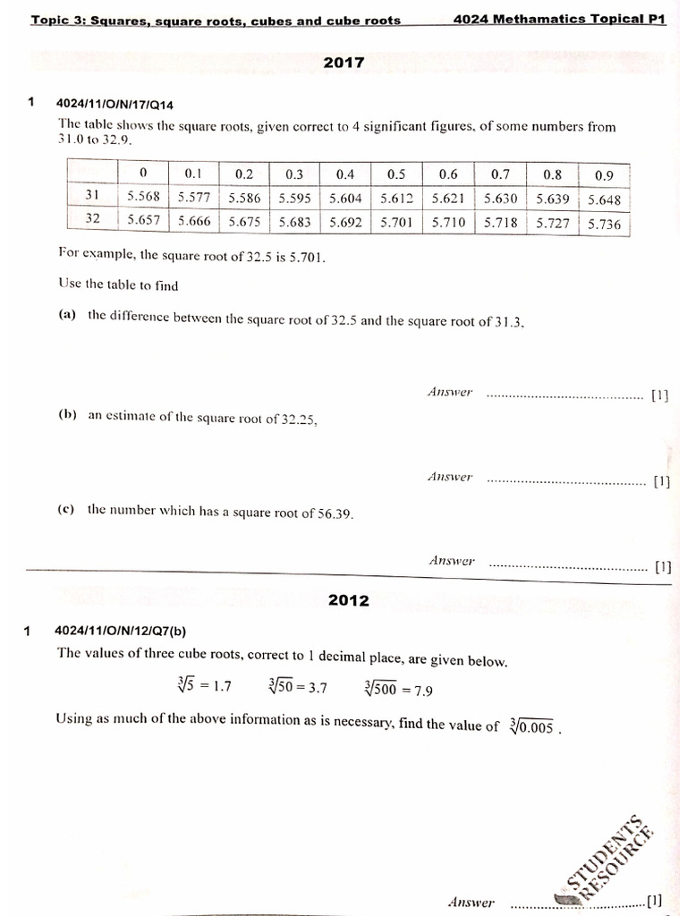 Topic 3 - Squares, Square Roots, Cubes and Cube Roots | PDF