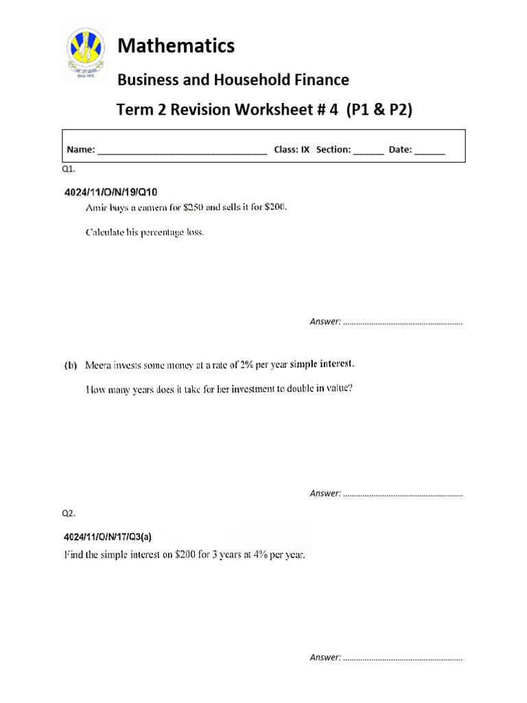 Term 2 Finance Revision Worksheet IX | PDF