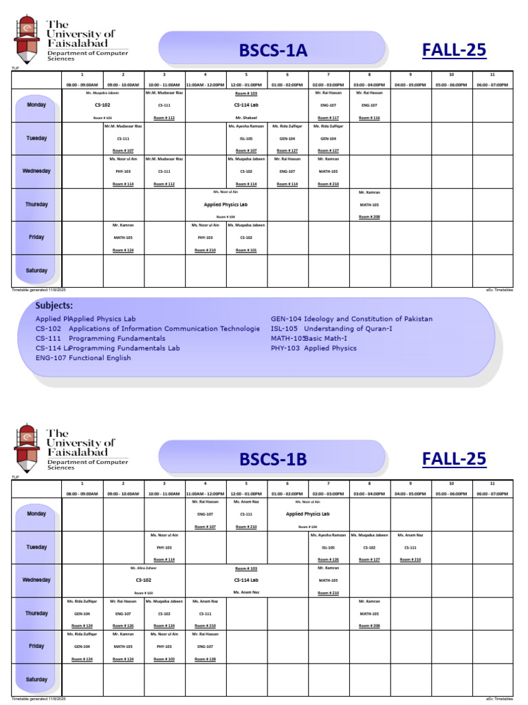 Time Table FALL-25 Nov-09 (Semester-1) | PDF | Computing