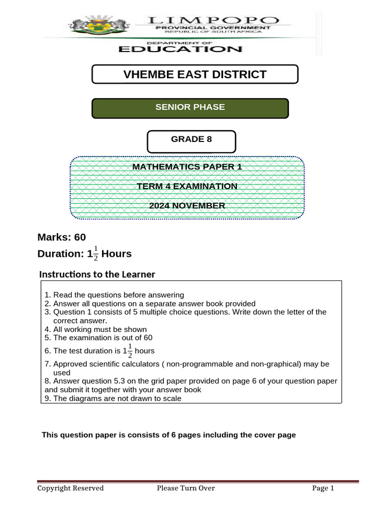 Grade 8 Mathematics Exam Instructions | PDF | Multiple Choice | Mathematics
