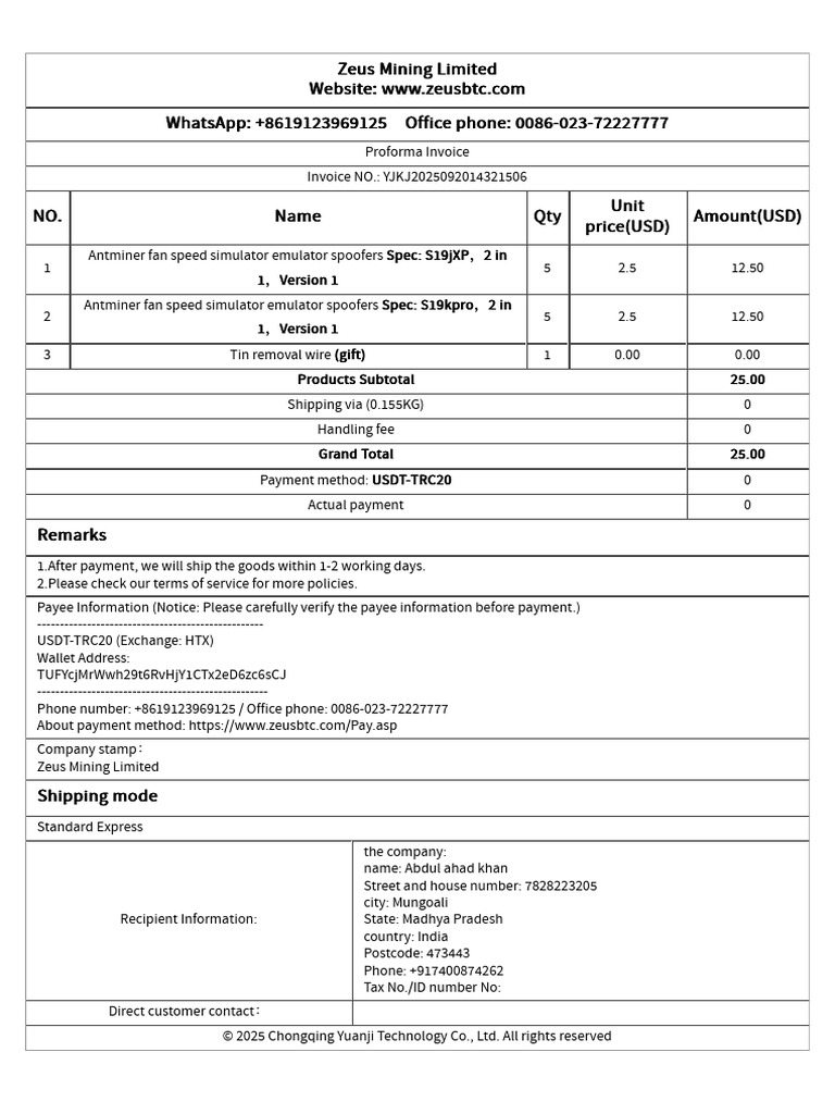 Zeus Mining Limited Proforma Invoice | PDF | Payments | Services ...