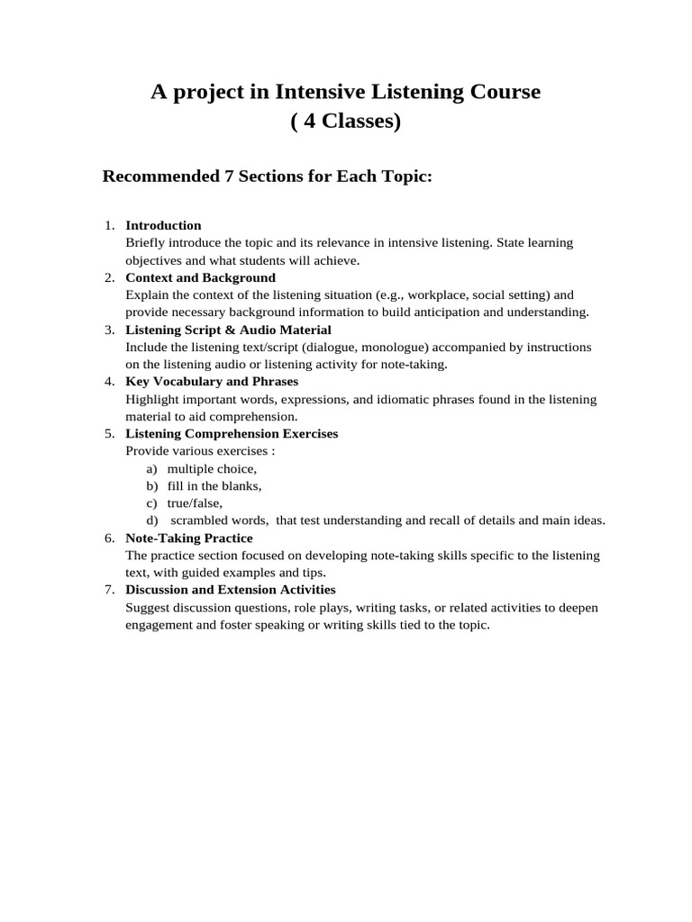 Intensive Listening Course Project Guide | PDF | Reading Comprehension ...