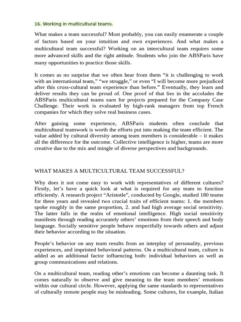 Keys to Successful Multicultural Teams | PDF | Communication | Behavior