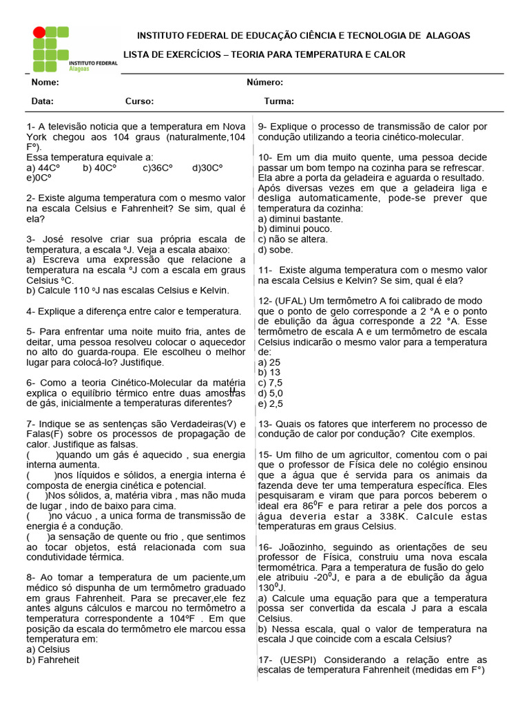 Exercícios sobre Temperatura e Calor | PDF | Temperatura | Calor