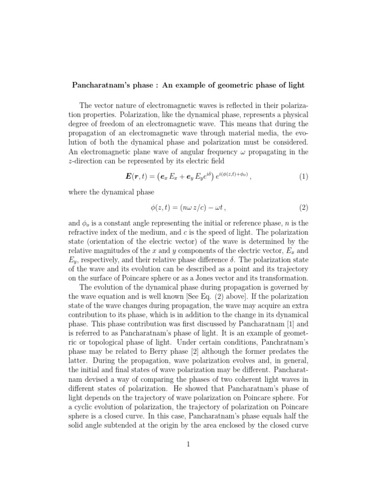 Understanding Pancharatnam's Phase of Light | PDF | Polarization (Waves ...