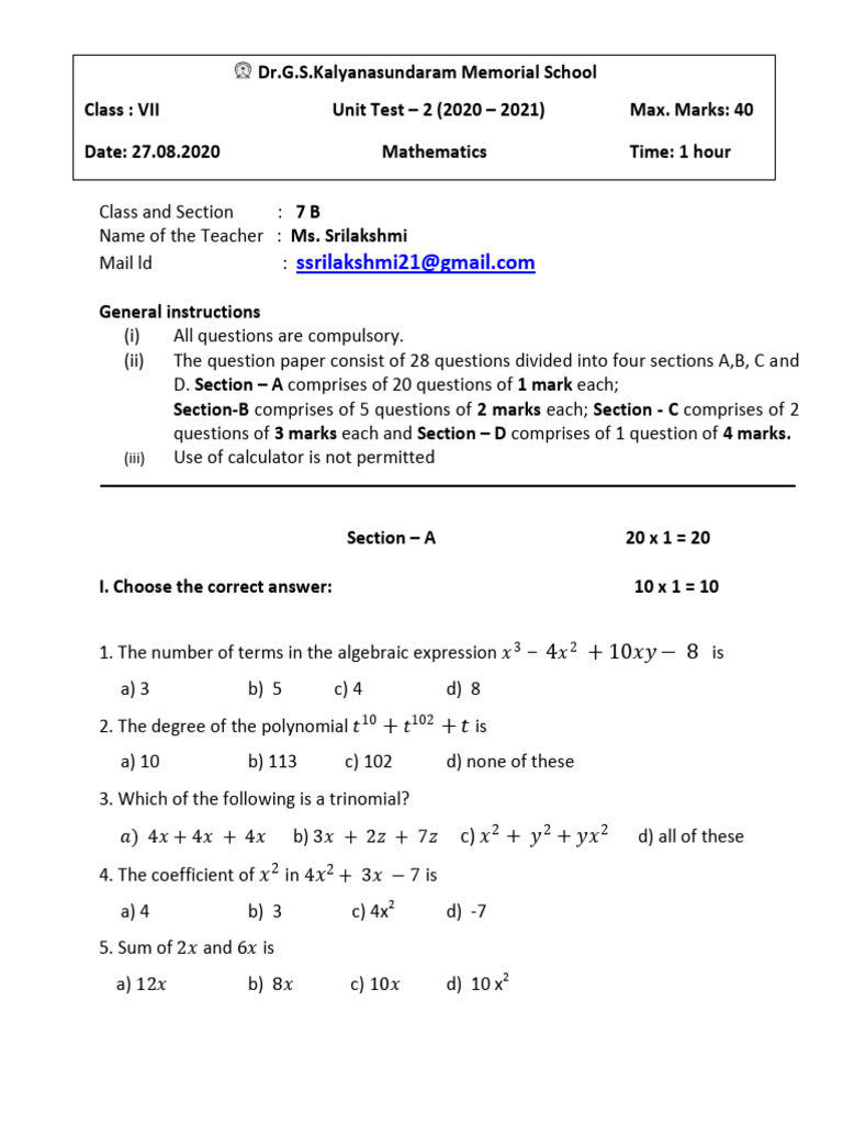 7B Math 27th August 2 | PDF | Polynomial | Mathematics Of Computing