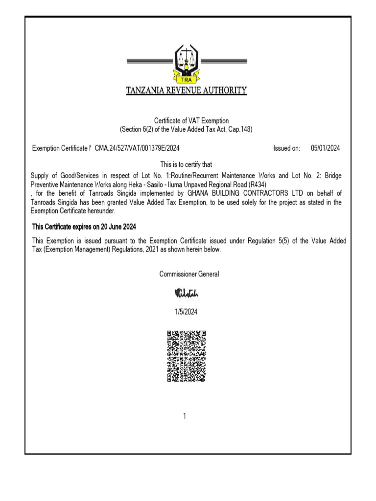 VAT Exemption Certificate for Tanroads Project | PDF | Value Added Tax ...