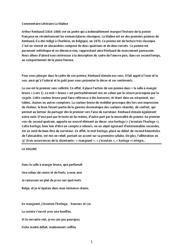 commentaire litteraire la maline arthur rimbaud poesie