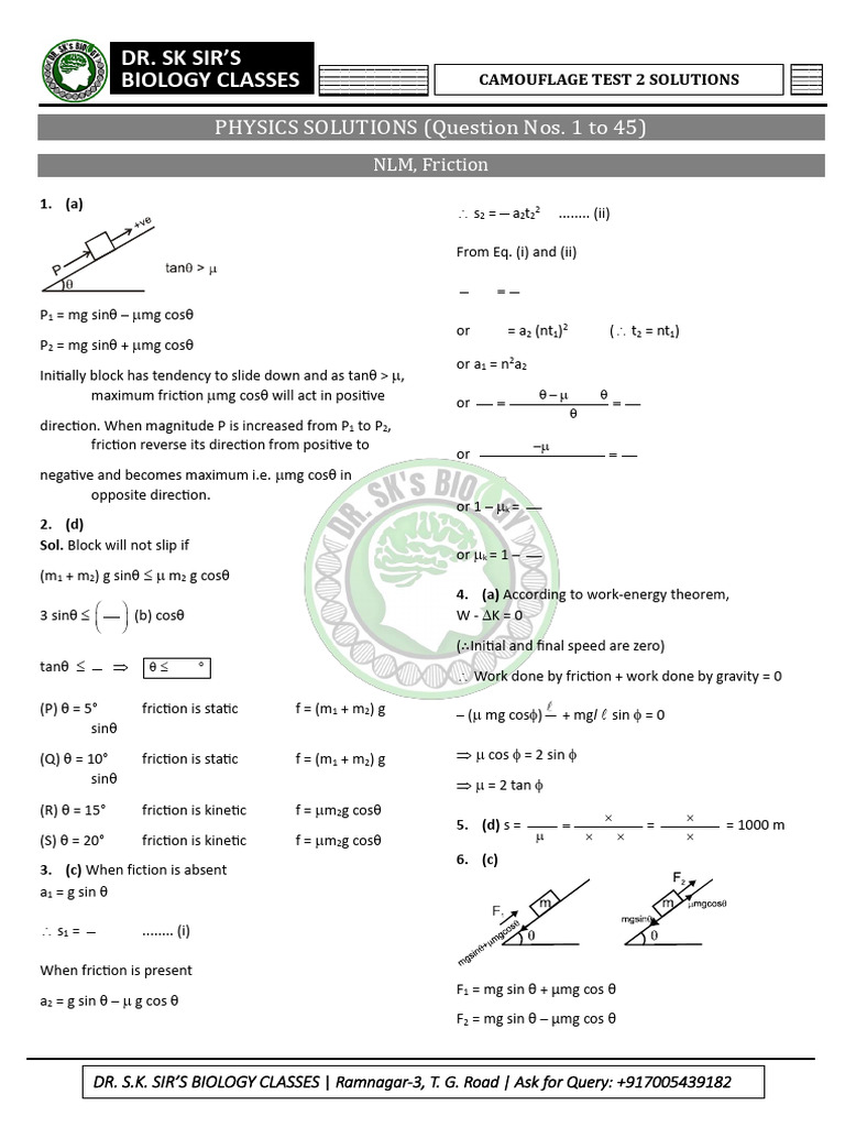 Camouflage Test 2 Solutions (PHY + CHEM + BIO) | PDF | Force | Chemical ...