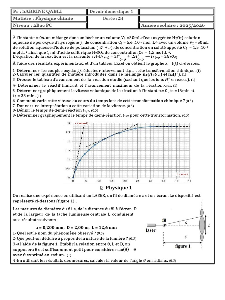Devoir de Physique-Chimie 2Bac PC 2025/2026 | PDF | Vagues | Lumière