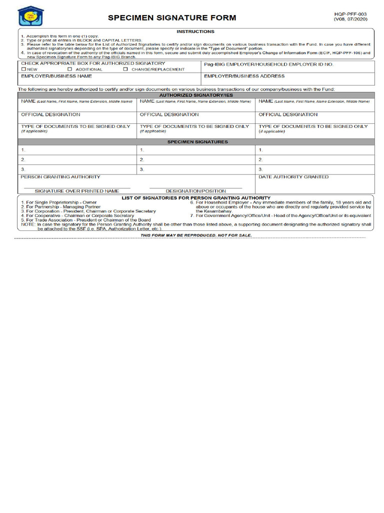 PFF003 SpecimenSignatureForm | PDF