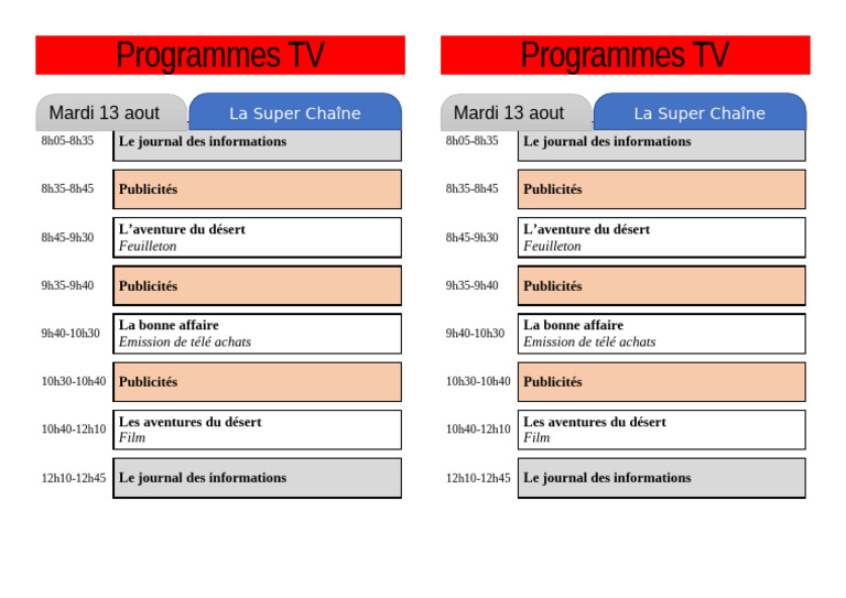 Programmes TV du 13 août sur La Super Chaîne | PDF