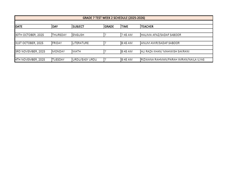 Grade 7 Test Week 2 Schedule 2025 | PDF