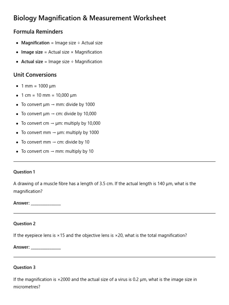 Magnification Calculations Worksheet | PDF | Optics