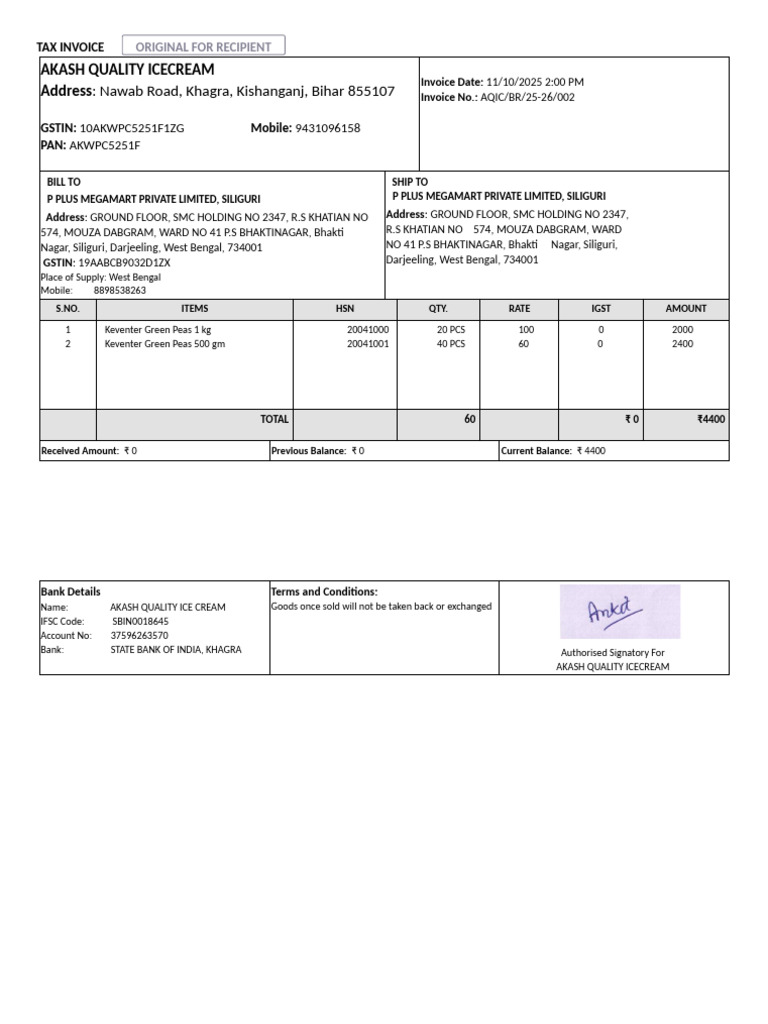 MD SL 25-26-6553-Sales Invoice-Akash Quality Icecream Kishanganj | PDF