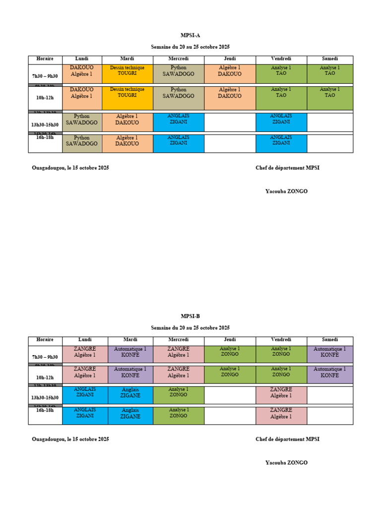 Emploi du temps MPSI du 20 au 25 octobre | PDF