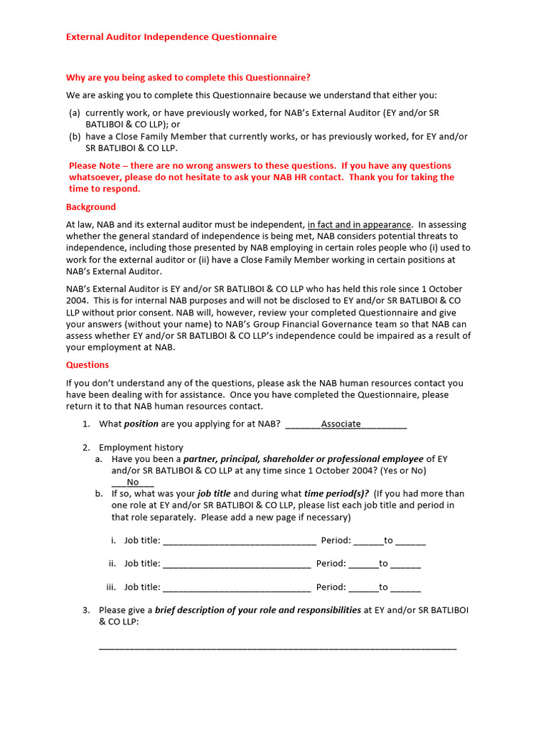 External Auditor Independence Form | PDF | Questionnaire | Audit