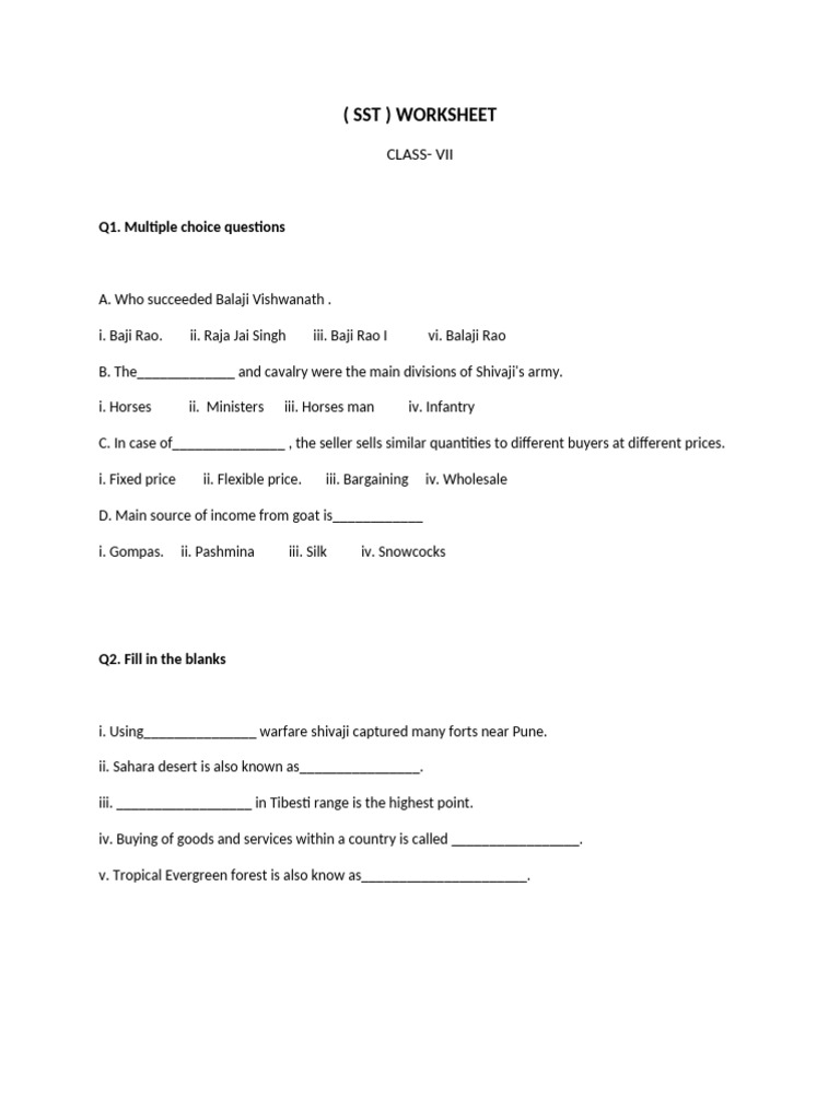 Class VII SST Worksheet: MCQs & Case Studies | PDF