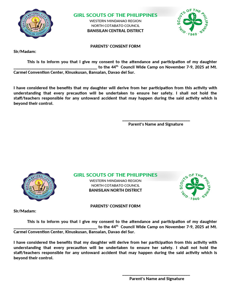 Girl Scouts Camp Parents' Consent Form | PDF
