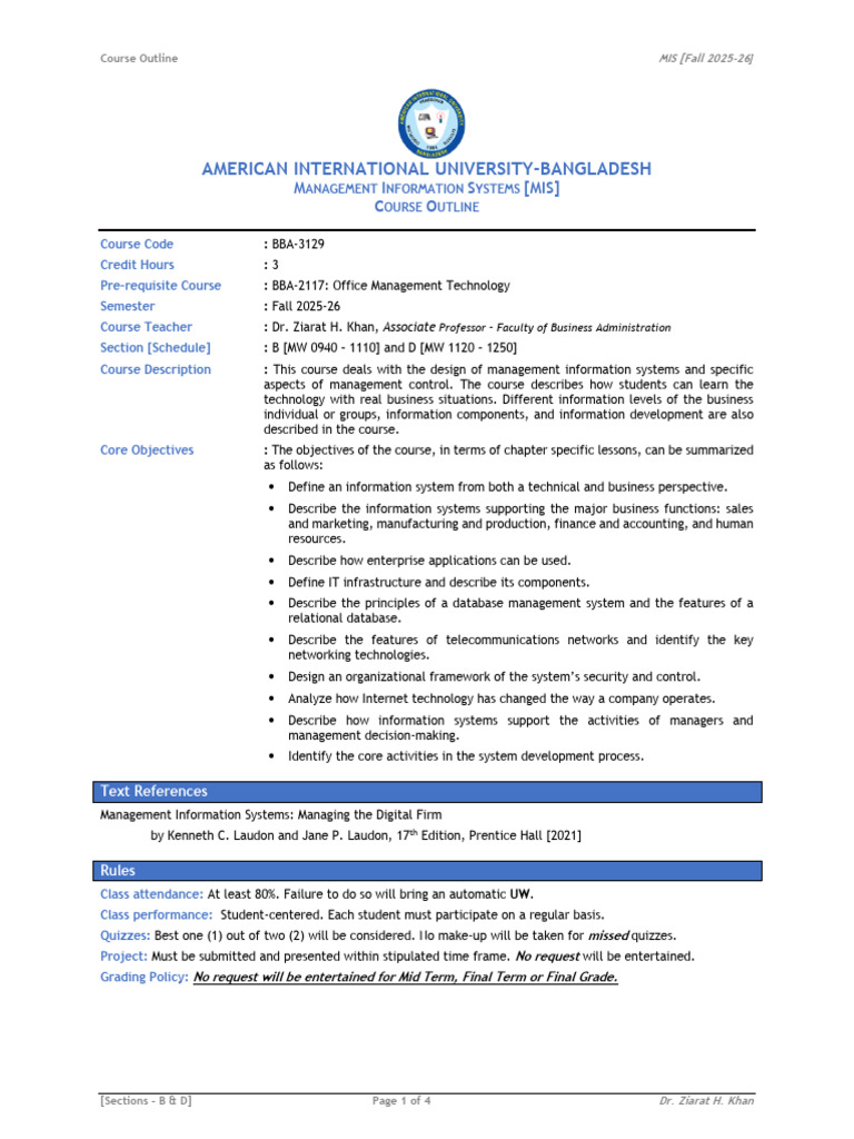 MIS Course Outline Fall 2025-26 | PDF | Computer Network | Supply Chain ...