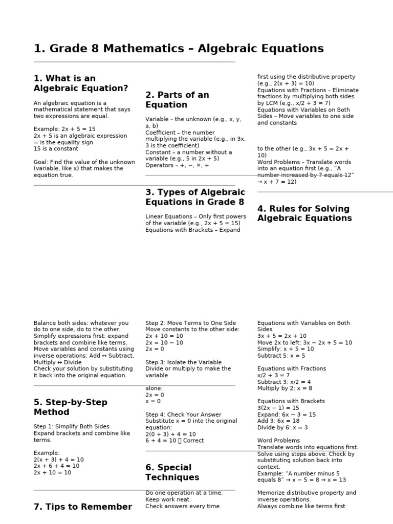 Grade 8 Mathematics – Algebraic Equations Yaseen | PDF | Line (Geometry ...