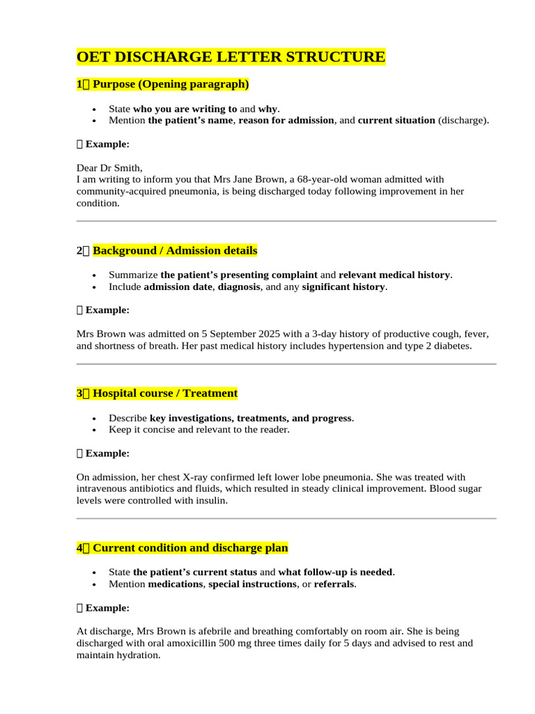 OET Discharge Letter Guide | PDF | Pneumonia | Human Diseases And Disorders